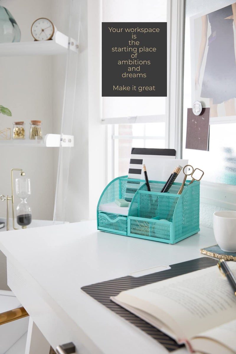 BLU MONACO Aqua Desk Organizer | Metal Turquoise Stationery Holder With Drawer and Compartments | Desktop Storage for School, Bedroom, Locker and Home | 5.5â€D x 8.6â€W x 5â€H Accessory Caddy - Image 2